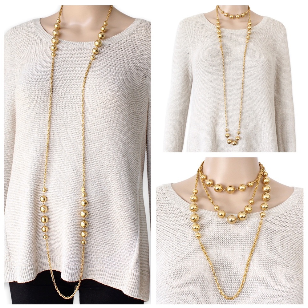 Vintage Vendome Gold Tone Ball Bead Station Necklace Extra Long 60” Chain